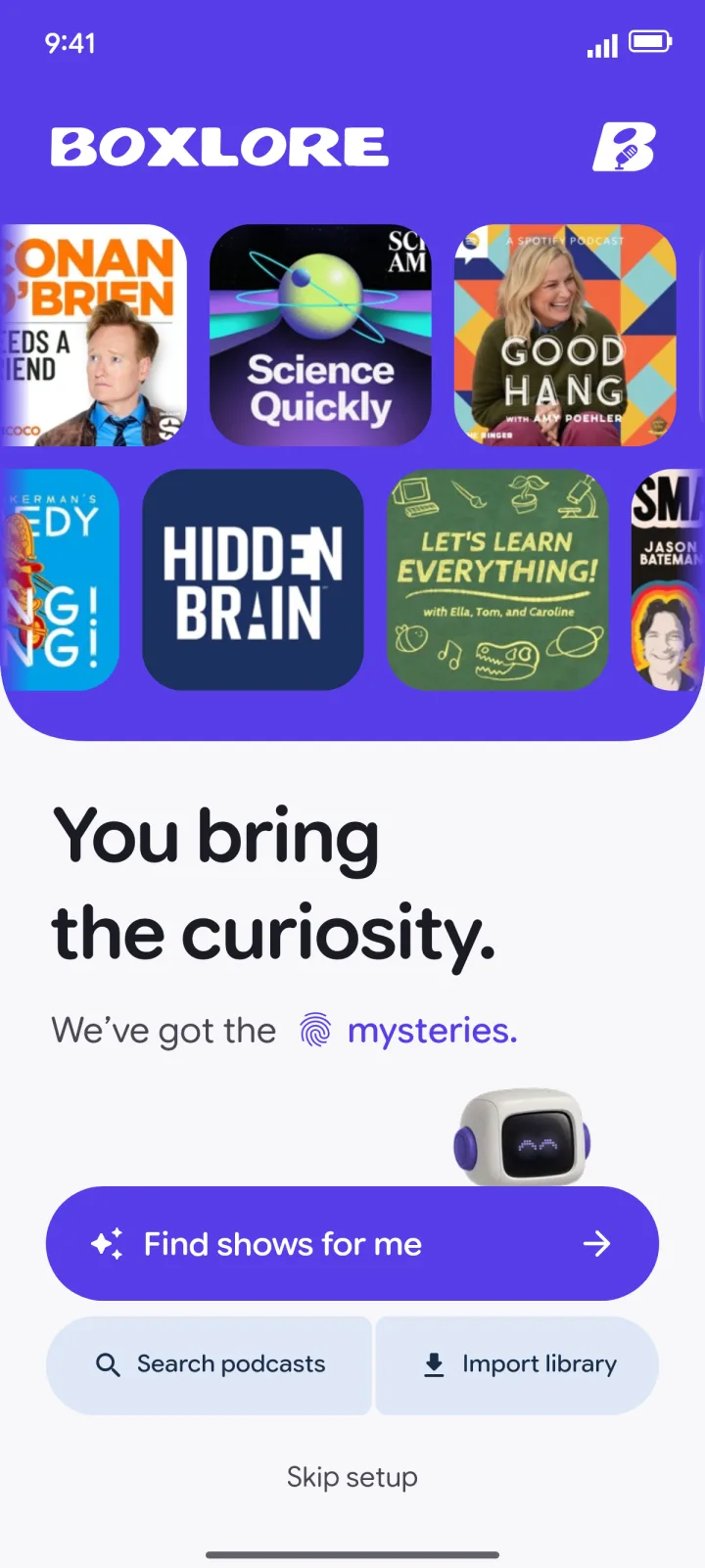 boxlore welcome screen with podcast covers